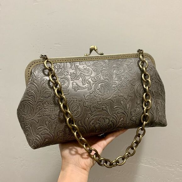 Handsewn Genuine Leather Floral Embossed Double Kisslock Purse & 2 Chain Styles - Picture 3 of 16
